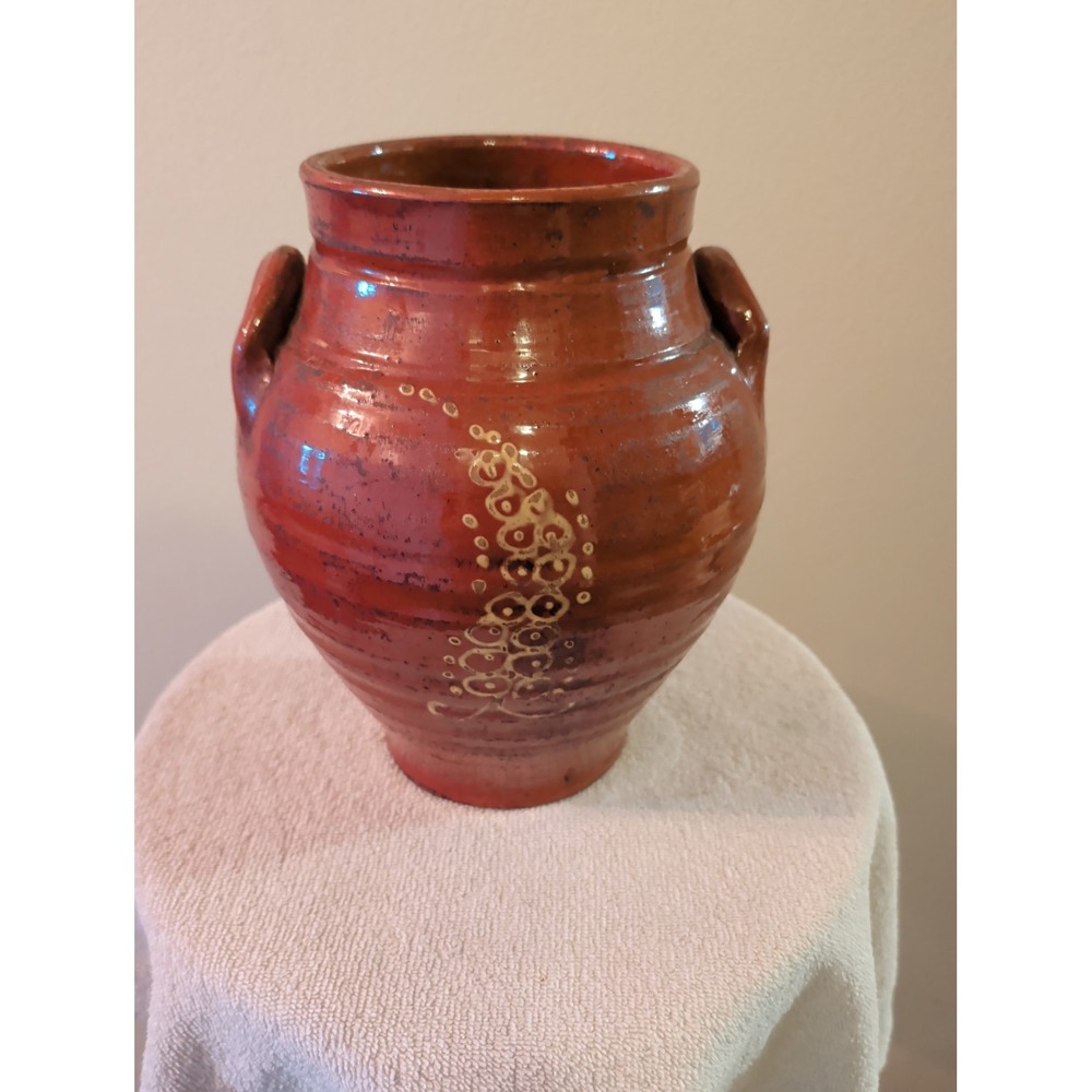 Primitive Redware DBL.Handle Jar 9 3/4".Slip Tail Glaze On Both Sides. Excellent